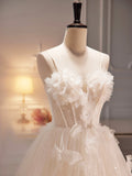 Spaghetti Strap Tulle Champagne Long Prom Dress, Champagne Evening Party Dress HZ0429
