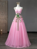 Pink Tulle Flower Long Prom Dresses, Lovely Spaghetti Formal Dresses Sweet 16 Dresses HZ0429