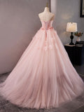 Pink Velvet and Tulle Long A-Line Prom Dress, Beautiful Strapless Evening Dress with Flowers HZ0429