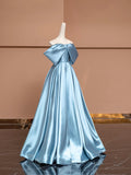 Blue Satin Floor Length Prom Dress, Off the Shoulder Evening Party Dress HZ0429
