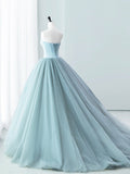 Blue Satin Tulle Long Prom Dress, Lovely Strapless Evening Dress HZ0429