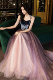 Cute Spaghetti Strap Velvet Tulle Long Prom Dress, A-Line Evening Dress HZ0429
