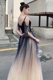 Blue Ombre Tulle V-Neck Long Party Dress, A-line Prom Dress HZ0429