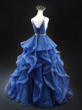 Blue Glitter Tulle Long A-Line Prom Dress, V-Neck Backless Evening Party Dress HZ0429