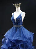 Blue Glitter Tulle Long A-Line Prom Dress, V-Neck Backless Evening Party Dress HZ0429