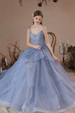 Blue V-Neck Tulle Lace Long Prom Dress, Lovely Spaghetti Straps Evening Dress HZ0429