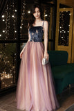 Cute Spaghetti Strap Velvet Tulle Long Prom Dress, A-Line Evening Dress HZ0429