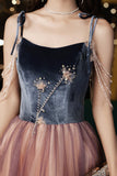 Cute Spaghetti Strap Velvet Tulle Long Prom Dress, A-Line Evening Dress HZ0429