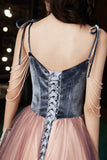 Cute Spaghetti Strap Velvet Tulle Long Prom Dress, A-Line Evening Dress HZ0429