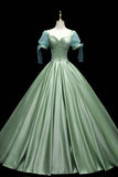 Green Satin Long A-Line Ball Gown, Green Short Sleeve Evening Gown HZ0429