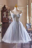 Gray Tulle Knee Length A-Line Party Dress, Lovely Spaghetti Strap Evening Dress HZ0429