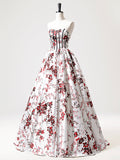 White Printed Pattern Long Party Dress, A-Line Strapless Evening Prom Dress HZ0429
