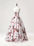 White Printed Pattern Long Party Dress, A-Line Strapless Evening Prom Dress HZ0429