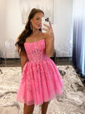 Pink Strapless Tulle Lace Knee Length Prom Dress, Cute A-Line Homecoming Party Dress HZ0429