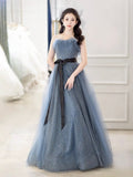 Gray Blue Tulle Long Prom Dress, Beautiful A-Line Strapless Evening Dress HZ0429