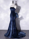 Blue Velvet Spaghetti Strap Long Prom Dress, Mermaid Bow Evening Party Dress HZ0429