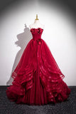 Burgundy Layer Tulle Layer Long Prom Dress, A-Line Strapless Evening Party Dress HZ0429