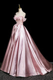 Pink Satin Lace Long Prom Dress, Beautiful A-Line Evening Party Dress HZ0429