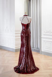 Burgundy Sequins Long Prom Dress, Mermaid V-Neck Evening Party Dress HZ0429