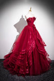Burgundy Layer Tulle Layer Long Prom Dress, A-Line Strapless Evening Party Dress HZ0429