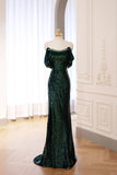 Green Sequins Long Prom Dress, Mermaid Off the Shoulder Evening Party Dress HZ0429