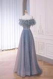 Blue Tulle Long Prom Dress, Beautiful Off the Shoulder Evening Party Dress HZ0429