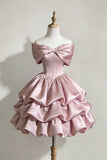 Blush Satin Bow Strapless Mini Dress - Ruffled Tiered Party Gown HZ0429