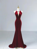Elegant Burgundy Velvet Long Prom Dress, Mermaid Backless Party Evening Dress HZ0429