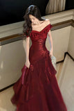 Burgundy Off Shoulder Mermaid Prom Dress Shiny Satin Floor-Length Party Gown HZ0429