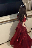 Burgundy Off Shoulder Mermaid Prom Dress Shiny Satin Floor-Length Party Gown HZ0429