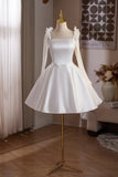 White Satin Knee Length Prom Dress, Lovely A-Line Party Dress White Bow HZ0429