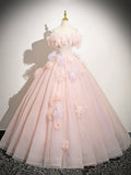 Pink Tulle Floor Length Formal Dress with Flowers, Beautiful Princess Sweet 16 Dress HZ0429