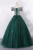 Green Tulle Beads Long Prom Dress, Green A-Line Off the Shoulder Party Dress HZ0429