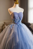 Blue Strapless Tulle Long Prom Dress, Lovely A-Line Evening Party Dress HZ0429