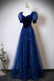 Blue Velvet and Tulle Sequins Long Prom Dress, Blue Evening Party Dress HZ0429