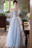Blue Tulle Flowers Long Prom Dress, Blue A-Line Strapless Party Dress HZ0429
