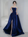 Blue Strapless Satin Long Prom Dress, Beautiful A-Line Evening Party Dress with Slit HZ0429