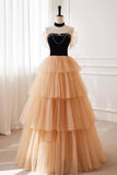 Black Velvet and Tulle Layers Long Party Dress, Strapless A-Line Formal Dress HZ0429
