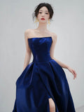 Blue Strapless Satin Long Prom Dress, Beautiful A-Line Evening Party Dress with Slit HZ0429