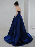 Blue Strapless Satin Long Prom Dress, Beautiful A-Line Evening Party Dress with Slit HZ0429