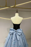 Blue Strapless Satin Tulle Long Prom Dress, Beautiful A-Line Princess Dress HZ0429