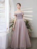 Purple Tulle Beaded Long Prom Dress, Off the Shoulder Evening Party Dress HZ0429