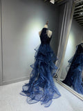 Navy Sequins Long Prom Dress, Elegant Halter Formal Evening Dress HZ0429