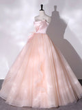 Pink Strapless Tulle Long Formal Dress, Pink A-line Prom Dress with Feathers HZ0429
