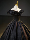 Black V-Neck Floor Length Formal Dress, A-Line Off the Shoulder Evening Party Dress HZ0429