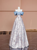 Blue Satin and Floral Pattern Floor Length Prom Dress, Off the Shoulder Evening Party Dress HZ0429