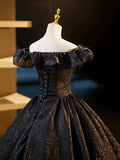 Black V-Neck Floor Length Formal Dress, A-Line Off the Shoulder Evening Party Dress HZ0429