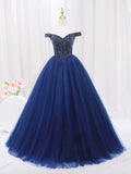 Blue Tulle Beaded Long Prom Dress, Off the Shoulder Evening Party Dress HZ0429