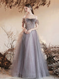 Gray Tulle Beaded Long Prom Dress, Beautiful Off the Shoulder Evening Party Dress HZ0429
