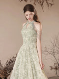 Cute Tulle Flower Floor Length Green Prom Dress, Beautiful Backless A-Line Evening Party Dress HZ0429
